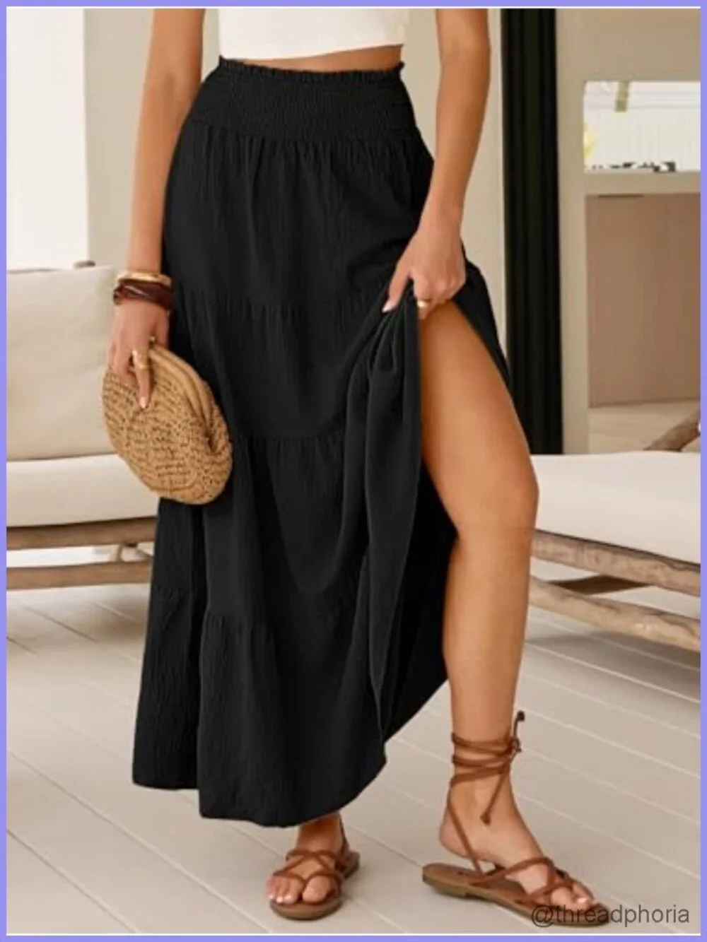 Elastic High Waist A-Line Maxi Skirt, Flowy Boho Skirt, Tiered Long Skirt with